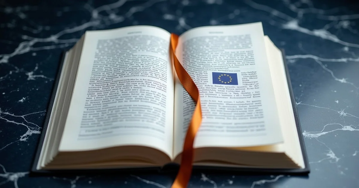 Libro di codice europeo aperto con bandiera UE e segnalibro ambra - Incoterms 2020 guida